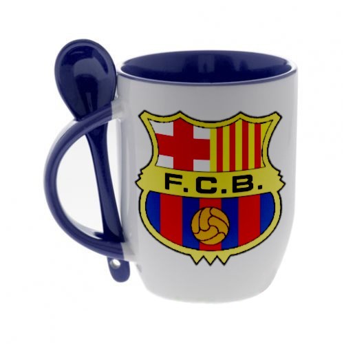 Синяя кружка с ложкой с логотипом Барселона